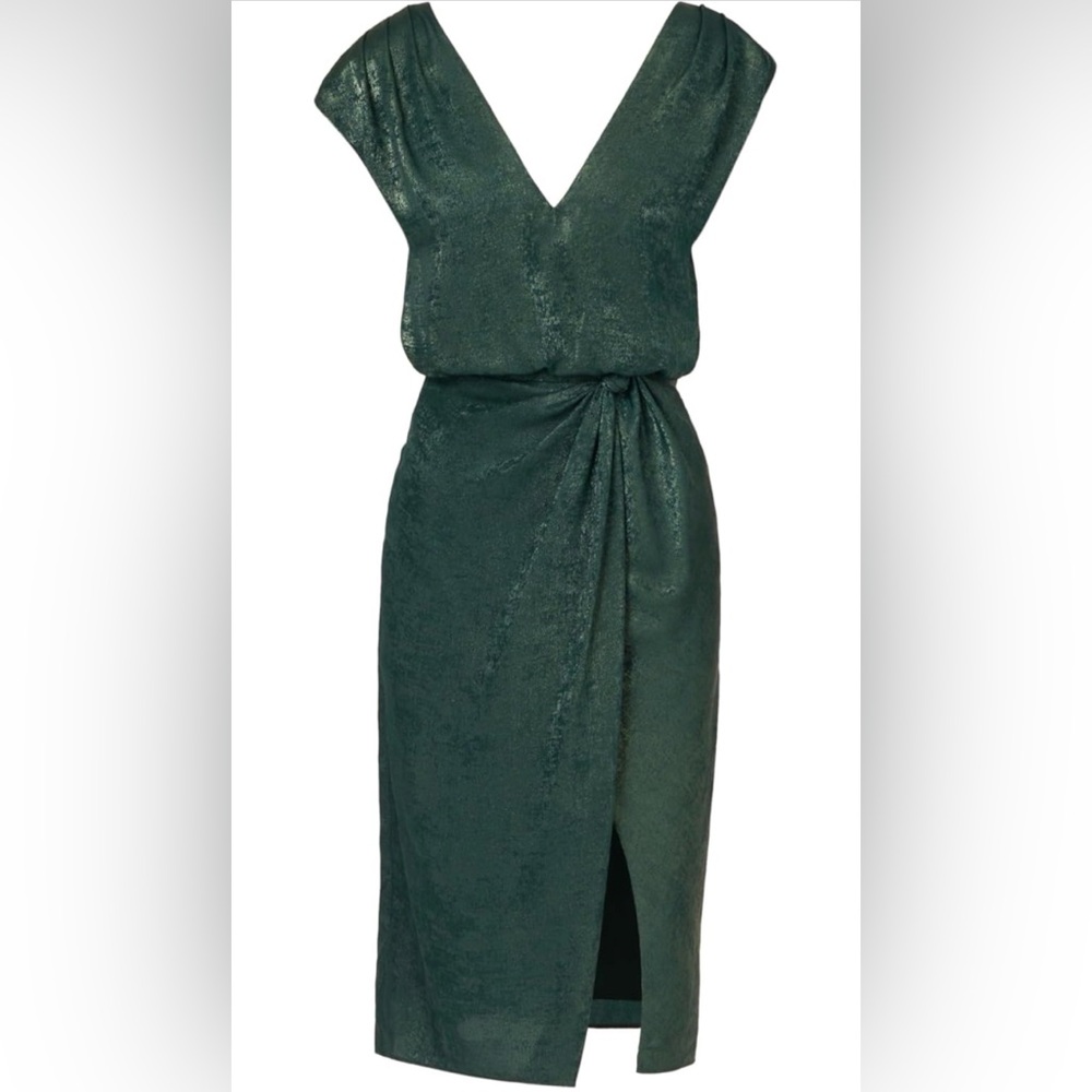 Adrianna Papell Deep Green V‑Neck Midi Dress with Knot Detail